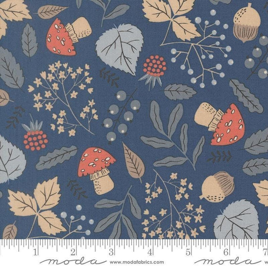 Image of Natures Sketchbook Forest Finds Twilight quilting cotton fabric by Elena Amo for Moda Fabrics. Features plants on a blue background. Cute Little Fabric Shop.