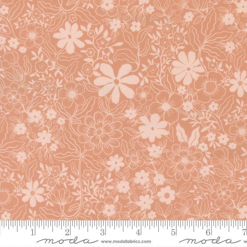 Image of Feather and Forest Bloom Pollen Sprinkles Blush quilting cotton fabric by Linn Warme for Moda Fabrics. Features flowers on a pink background. Cute Little Fabric Shop.