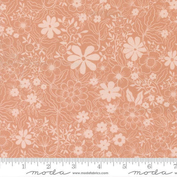 Image of Feather and Forest Bloom Pollen Sprinkles Blush quilting cotton fabric by Linn Warme for Moda Fabrics. Features flowers on a pink background. Cute Little Fabric Shop.