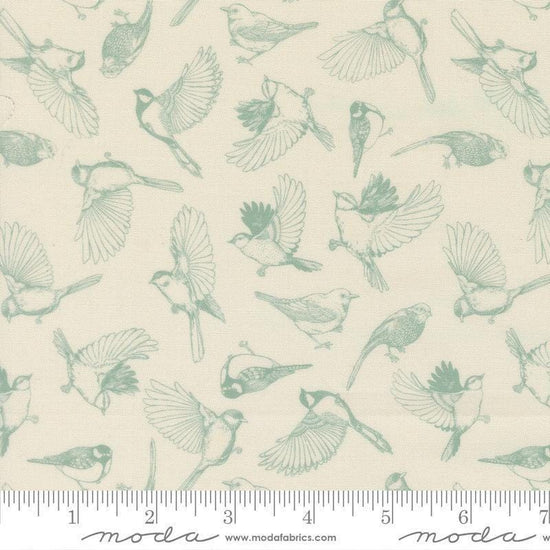 Image of Feather and Forest Bloom Flock of Feathers Cloud quilting cotton fabric by Linn Warme for Moda Fabrics. Features birds on a cream background. Cute Little Fabric Shop.