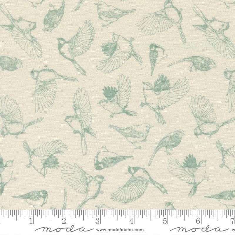 Image of Feather and Forest Bloom Flock of Feathers Cloud quilting cotton fabric by Linn Warme for Moda Fabrics. Features birds on a cream background. Cute Little Fabric Shop.