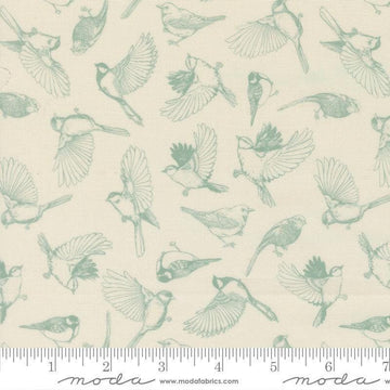 Image of Feather and Forest Bloom Flock of Feathers Cloud quilting cotton fabric by Linn Warme for Moda Fabrics. Features birds on a cream background. Cute Little Fabric Shop.