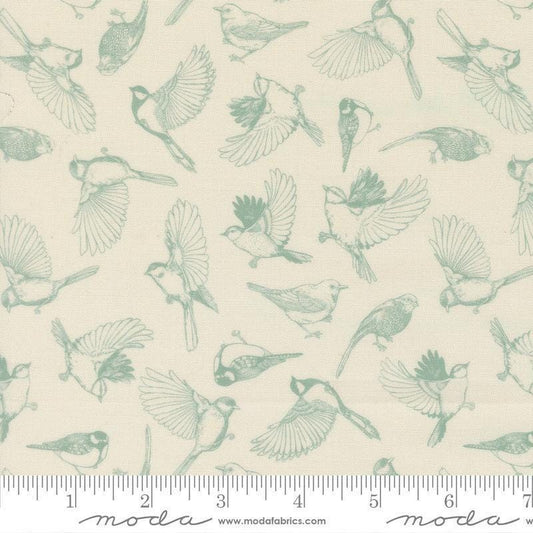Image of Feather and Forest Bloom Flock of Feathers Cloud quilting cotton fabric by Linn Warme for Moda Fabrics. Features birds on a cream background. Cute Little Fabric Shop.