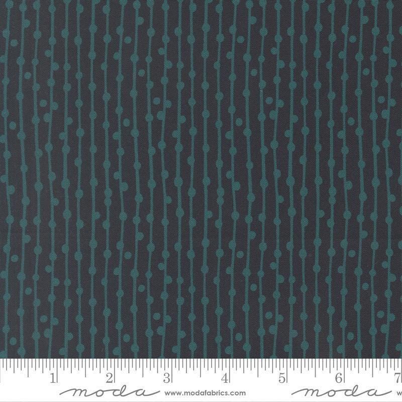 Image of Feather and Forest Bloom String of Pearls Midnight quilting cotton fabric by Linn Warme for Moda Fabrics. Features stripes on a blue background. Cute Little Fabric Shop.