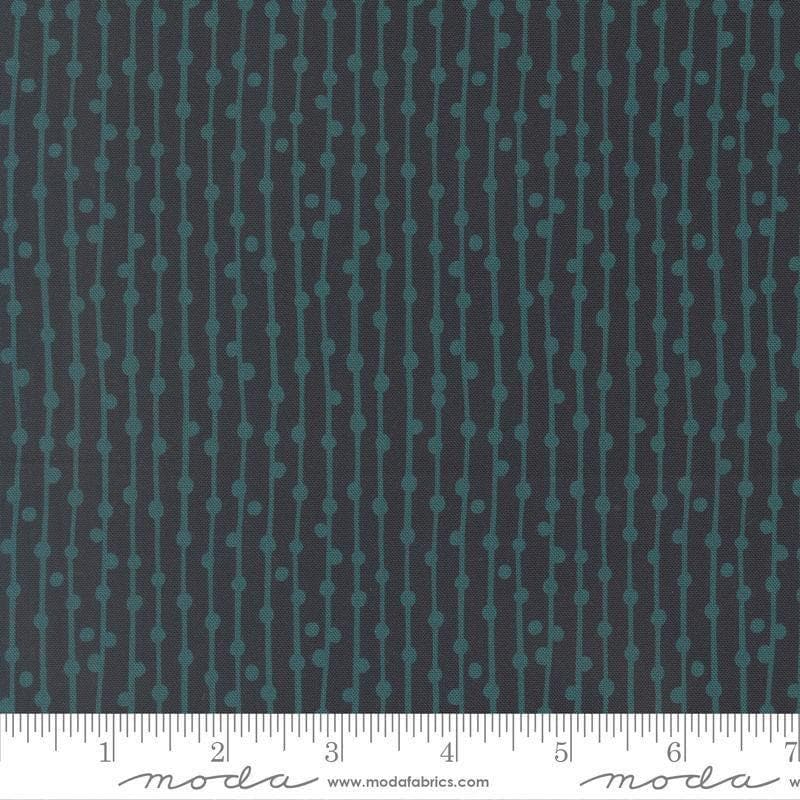 Image of Feather and Forest Bloom String of Pearls Midnight quilting cotton fabric by Linn Warme for Moda Fabrics. Features stripes on a blue background. Cute Little Fabric Shop.