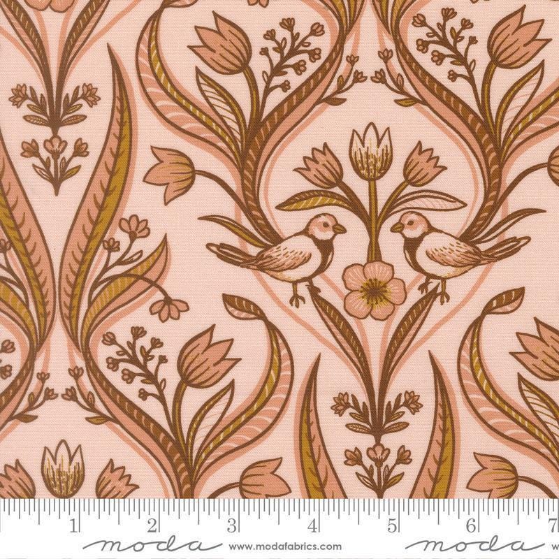Image of Feather and Forest Bloom Medallion Birds Petal quilting cotton fabric by Linn Warme for Moda Fabrics. Features birds and flowers on a pink background. Cute Little Fabric Shop.