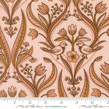 Image of Feather and Forest Bloom Medallion Birds Petal quilting cotton fabric by Linn Warme for Moda Fabrics. Features birds and flowers on a pink background. Cute Little Fabric Shop.