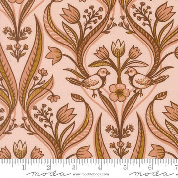 Image of Feather and Forest Bloom Medallion Birds Petal quilting cotton fabric by Linn Warme for Moda Fabrics. Features birds and flowers on a pink background. Cute Little Fabric Shop.