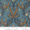 Image of Feather and Forest Bloom Medallion Birds Azure quilting cotton fabric by Linn Warme for Moda Fabrics. Features birds and flowers on a blue background. Cute Little Fabric Shop.