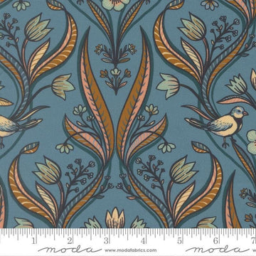 Image of Feather and Forest Bloom Medallion Birds Azure quilting cotton fabric by Linn Warme for Moda Fabrics. Features birds and flowers on a blue background. Cute Little Fabric Shop.