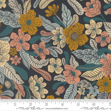 Image of Feather and Forest Bloom Wildflower Whispers Midnight quilting cotton fabric by Linn Warme for Moda Fabrics. Features flowers on a blue background. Cute Little Fabric Shop.