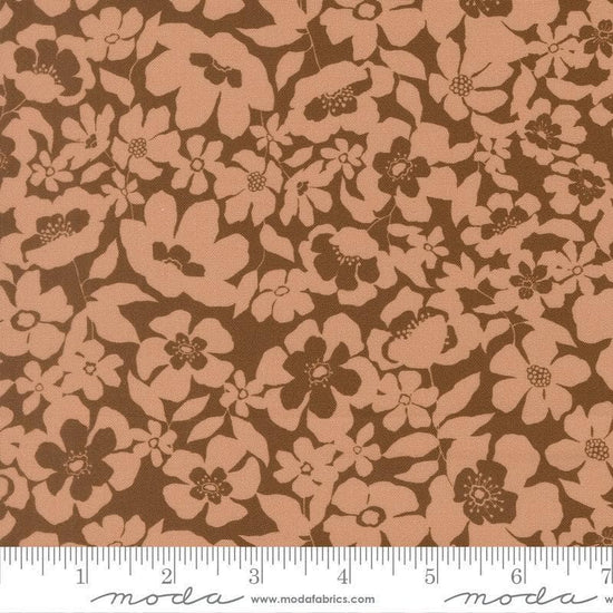 Image of Feather and Forest Bloom Floral Fusion Walnut quilting cotton fabric by Linn Warme for Moda Fabrics. Features flowers on a brown background. Cute Little Fabric Shop.
