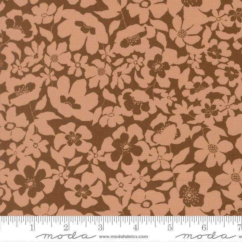 Image of Feather and Forest Bloom Floral Fusion Walnut quilting cotton fabric by Linn Warme for Moda Fabrics. Features flowers on a brown background. Cute Little Fabric Shop.