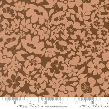 Image of Feather and Forest Bloom Floral Fusion Walnut quilting cotton fabric by Linn Warme for Moda Fabrics. Features flowers on a brown background. Cute Little Fabric Shop.