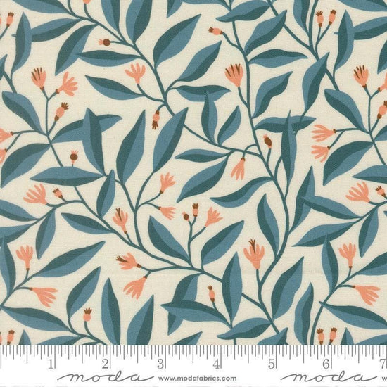 Image of Feather and Forest Bloom Foliage Azure quilting cotton fabric by Linn Warme for Moda Fabrics. Features leaves and flowers on a cream background. Cute Little Fabric Shop.