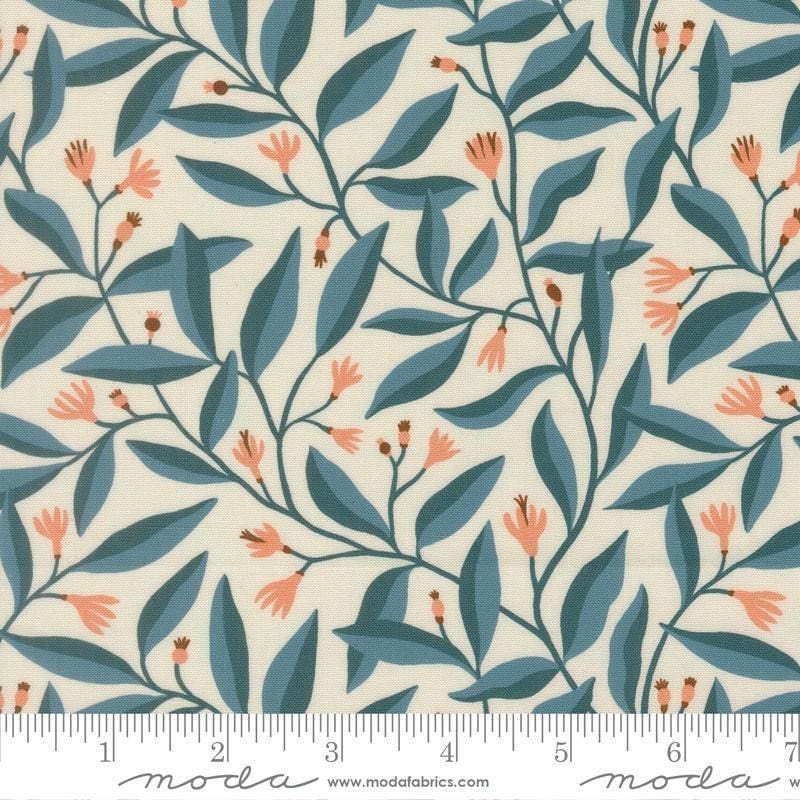 Image of Feather and Forest Bloom Foliage Azure quilting cotton fabric by Linn Warme for Moda Fabrics. Features leaves and flowers on a cream background. Cute Little Fabric Shop.