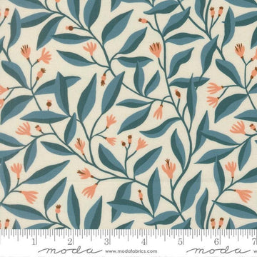 Image of Feather and Forest Bloom Foliage Azure quilting cotton fabric by Linn Warme for Moda Fabrics. Features leaves and flowers on a cream background. Cute Little Fabric Shop.