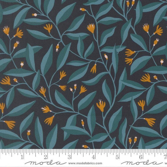 Image of Feather and Forest Bloom Foliage Midnight quilting cotton fabric by Linn Warme for Moda Fabrics. Features leaves and flowers on a blue background. Cute Little Fabric Shop.