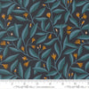 Image of Feather and Forest Bloom Foliage Midnight quilting cotton fabric by Linn Warme for Moda Fabrics. Features leaves and flowers on a blue background. Cute Little Fabric Shop.