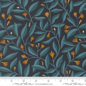Image of Feather and Forest Bloom Foliage Midnight quilting cotton fabric by Linn Warme for Moda Fabrics. Features leaves and flowers on a blue background. Cute Little Fabric Shop.