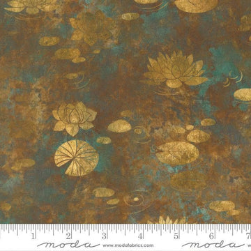 Image of Tranquil Patina Drifting Waters Bronze quilting cotton fabric by Debbie Maddy for Moda Fabrics. Features pond flowers on a brown and blue background. Cute Little Fabric Shop.