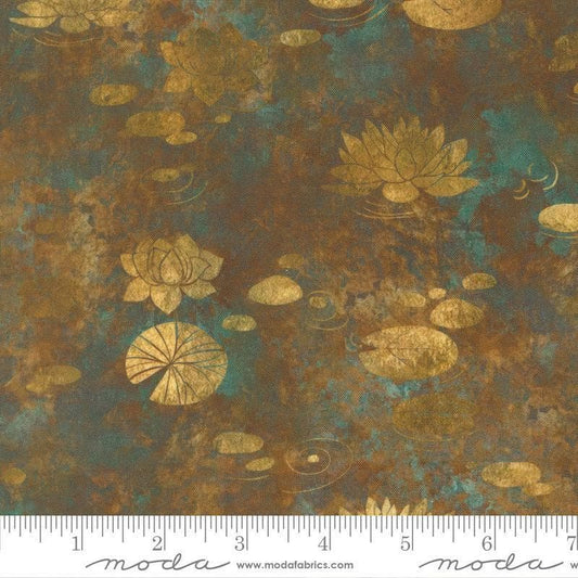 Image of Tranquil Patina Drifting Waters Bronze quilting cotton fabric by Debbie Maddy for Moda Fabrics. Features pond flowers on a brown and blue background. Cute Little Fabric Shop.