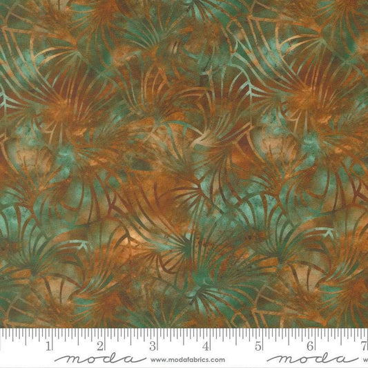 Image of Tranquil Patina Vinyasa Copper quilting cotton fabric by Debbie Maddy for Moda Fabrics. Features an abstract pattern on a brown and blue background. Cute Little Fabric Shop.