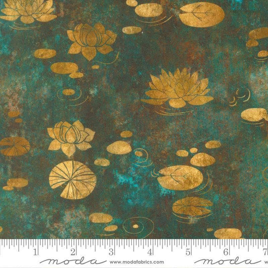 Image of Tranquil Patina Drifting Waters Teal quilting cotton fabric by Debbie Maddy for Moda Fabrics. Features pond flowers on a blue background. Cute Little Fabric Shop.