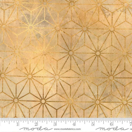 Image of Tranquil Patina Stellar Gleam Golden quilting cotton fabric by Debbie Maddy for Moda Fabrics. Features stars on a yellow background. Cute Little Fabric Shop.