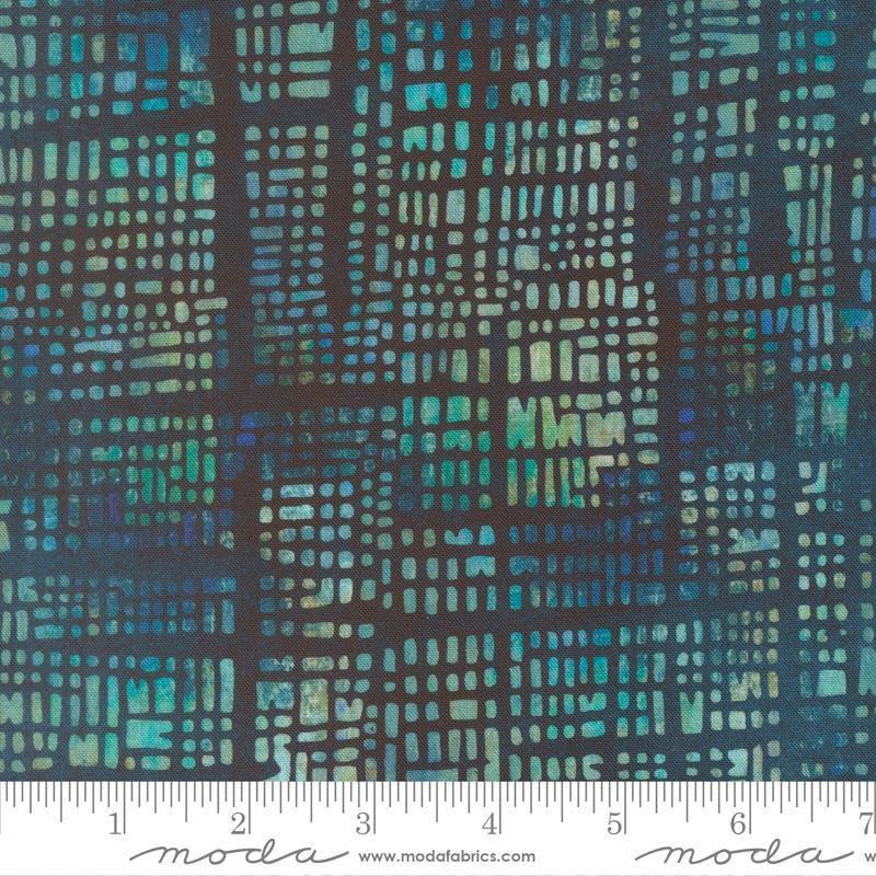 Image of Tranquil Patina Luminary Stack Horizon quilting cotton fabric by Debbie Maddy for Moda Fabrics. Features a geometric pattern on a blue background. Cute Little Fabric Shop.