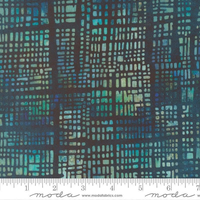 Image of Tranquil Patina Luminary Stack Horizon quilting cotton fabric by Debbie Maddy for Moda Fabrics. Features a geometric pattern on a blue background. Cute Little Fabric Shop.