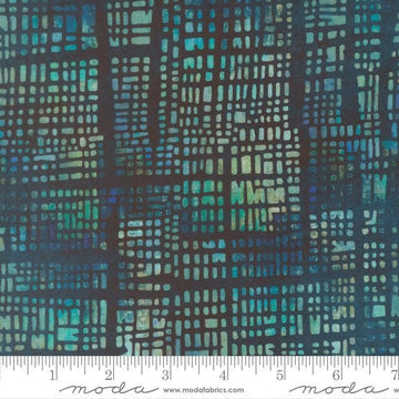 Image of Tranquil Patina Luminary Stack Horizon quilting cotton fabric by Debbie Maddy for Moda Fabrics. Features a geometric pattern on a blue background. Cute Little Fabric Shop.