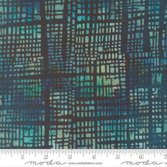 Image of Tranquil Patina Luminary Stack Horizon quilting cotton fabric by Debbie Maddy for Moda Fabrics. Features a geometric pattern on a blue background. Cute Little Fabric Shop.
