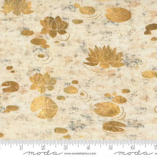 Image of Tranquil Patina Drifting Waters Natural quilting cotton fabric by Debbie Maddy for Moda Fabrics. Features pond flowers on a cream background. Cute Little Fabric Shop.