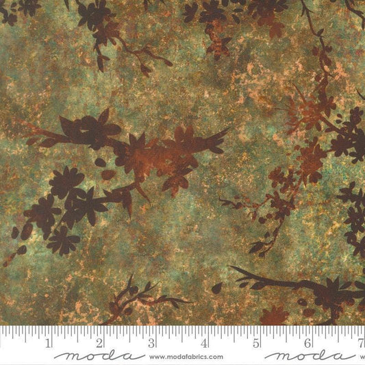 Image of Tranquil Patina Zen Blossoms Bronze quilting cotton fabric by Debbie Maddy for Moda Fabrics. Features flowers on a brown background. Cute Little Fabric Shop.