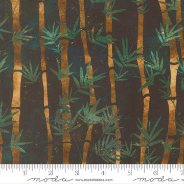 Image of Tranquil Patina Shino Dark Teal quilting cotton fabric by Debbie Maddy for Moda Fabrics. Features bamboo on a blue background. Cute Little Fabric Shop.