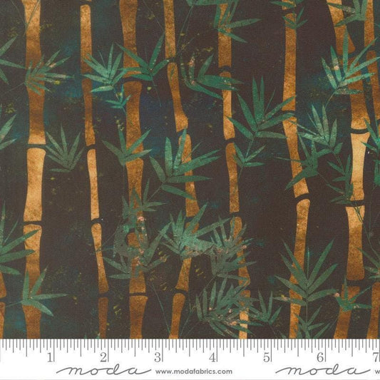 Image of Tranquil Patina Shino Dark Teal quilting cotton fabric by Debbie Maddy for Moda Fabrics. Features bamboo on a blue background. Cute Little Fabric Shop.