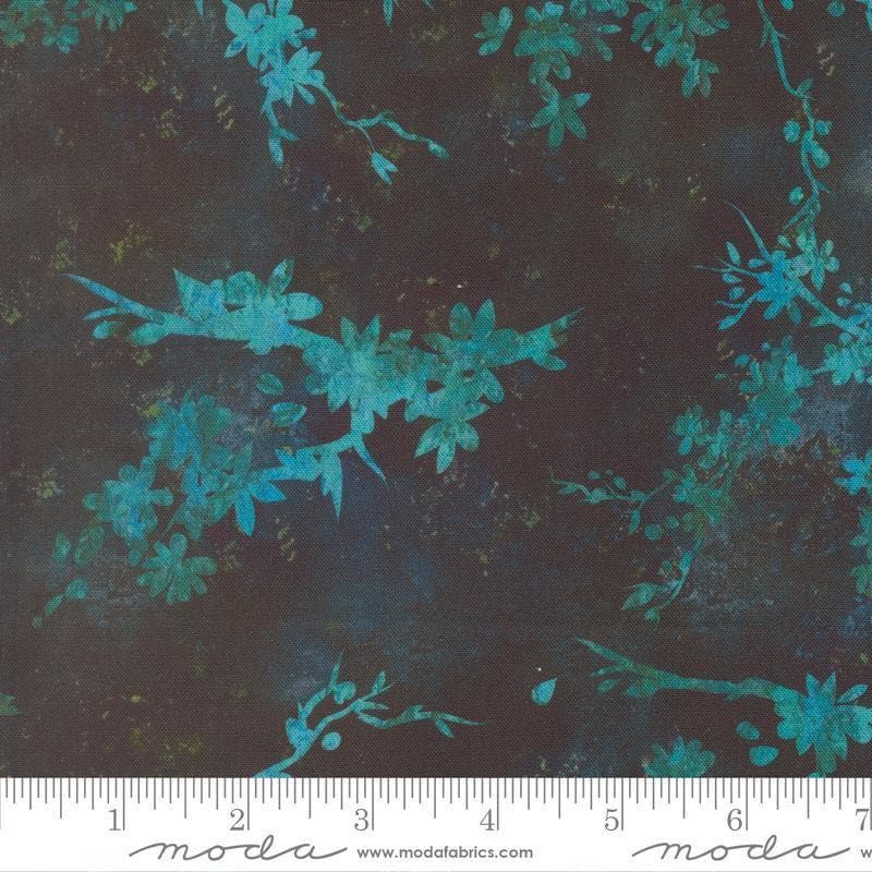 Image of Tranquil Patina Zen Blossoms Midnight quilting cotton fabric by Debbie Maddy for Moda Fabrics. Features flowers on a blue background. Cute Little Fabric Shop.
