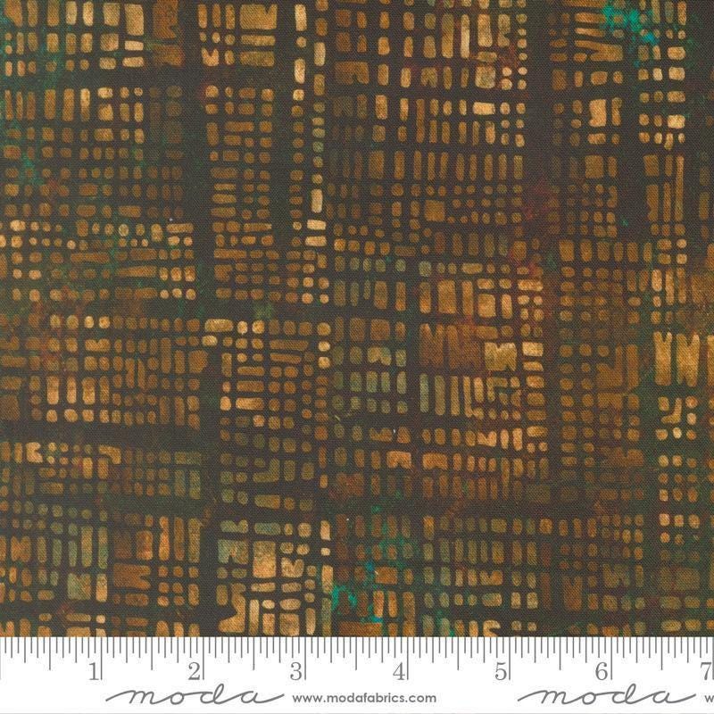 Image of Tranquil Patina Luminary Stack Earth quilting cotton fabric by Debbie Maddy for Moda Fabrics. Features a geometric pattern on a brown background. Cute Little Fabric Shop.