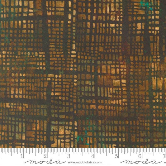 Image of Tranquil Patina Luminary Stack Earth quilting cotton fabric by Debbie Maddy for Moda Fabrics. Features a geometric pattern on a brown background. Cute Little Fabric Shop.