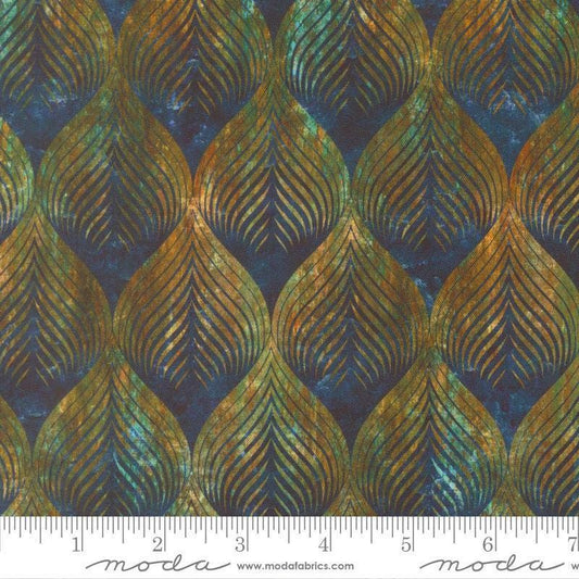 Image of Tranquil Patina Calm Effects Horizon quilting cotton fabric by Debbie Maddy for Moda Fabrics. Features leaves on a blue and green background. Cute Little Fabric Shop.
