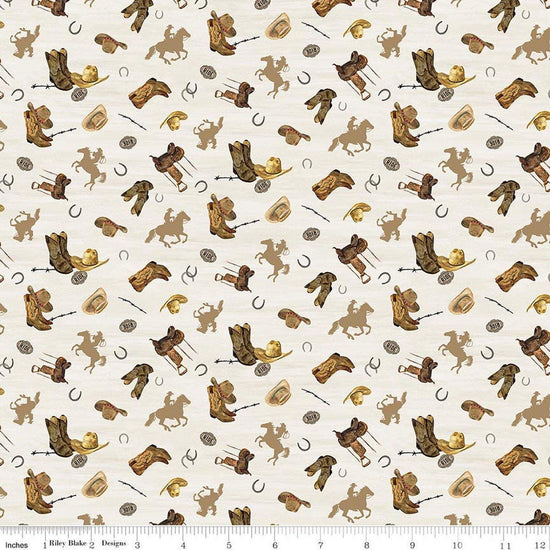 Image of The Homestead Icon Toss Cream quilting cotton fabric by Tara Reed for Riley Blake Designs. Features cowboys on a white background. Cute Little Fabric Shop.