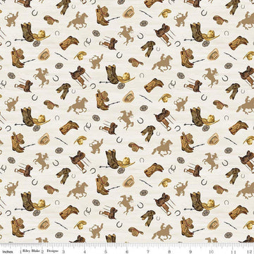 Image of The Homestead Icon Toss Cream quilting cotton fabric by Tara Reed for Riley Blake Designs. Features cowboys on a white background. Cute Little Fabric Shop.