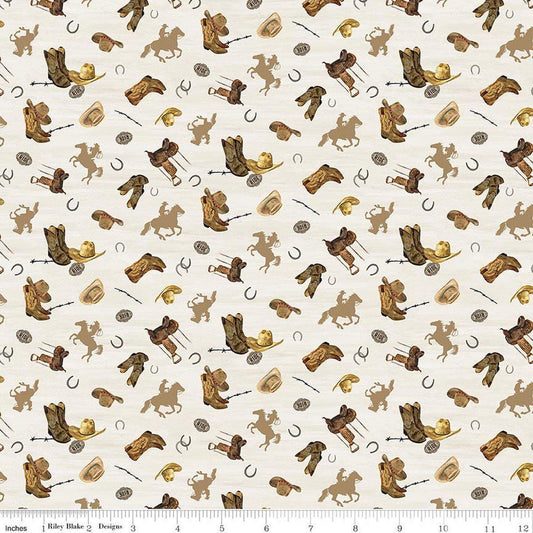 Image of The Homestead Icon Toss Cream quilting cotton fabric by Tara Reed for Riley Blake Designs. Features cowboys on a white background. Cute Little Fabric Shop.