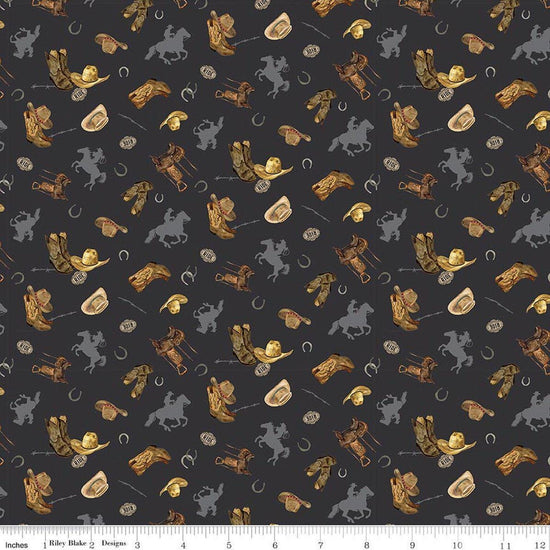 Image of The Homestead Icon Toss Charcoal quilting cotton fabric by Tara Reed for Riley Blake Designs. Features cowboys on a black background. Cute Little Fabric Shop.