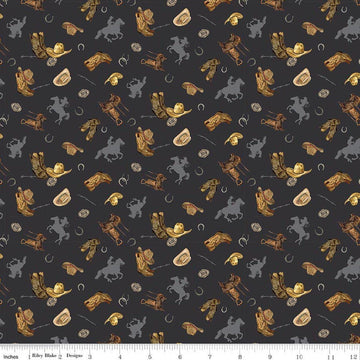 Image of The Homestead Icon Toss Charcoal quilting cotton fabric by Tara Reed for Riley Blake Designs. Features cowboys on a black background. Cute Little Fabric Shop.