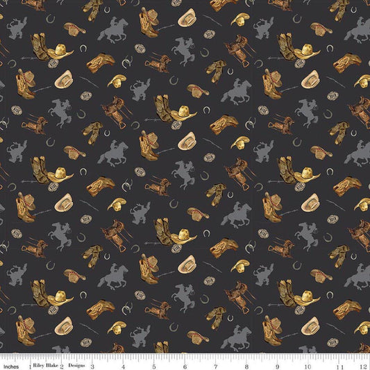 Image of The Homestead Icon Toss Charcoal quilting cotton fabric by Tara Reed for Riley Blake Designs. Features cowboys on a black background. Cute Little Fabric Shop.