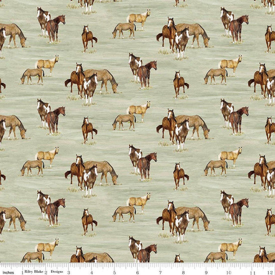 Image of The Homestead Horses Green quilting cotton fabric by Tara Reed for Riley Blake Designs. Features horses on a green background. Cute Little Fabric Shop.