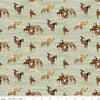 Image of The Homestead Horses Green quilting cotton fabric by Tara Reed for Riley Blake Designs. Features horses on a green background. Cute Little Fabric Shop.