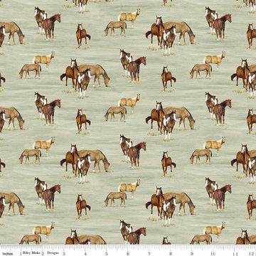 Image of The Homestead Horses Green quilting cotton fabric by Tara Reed for Riley Blake Designs. Features horses on a green background. Cute Little Fabric Shop.